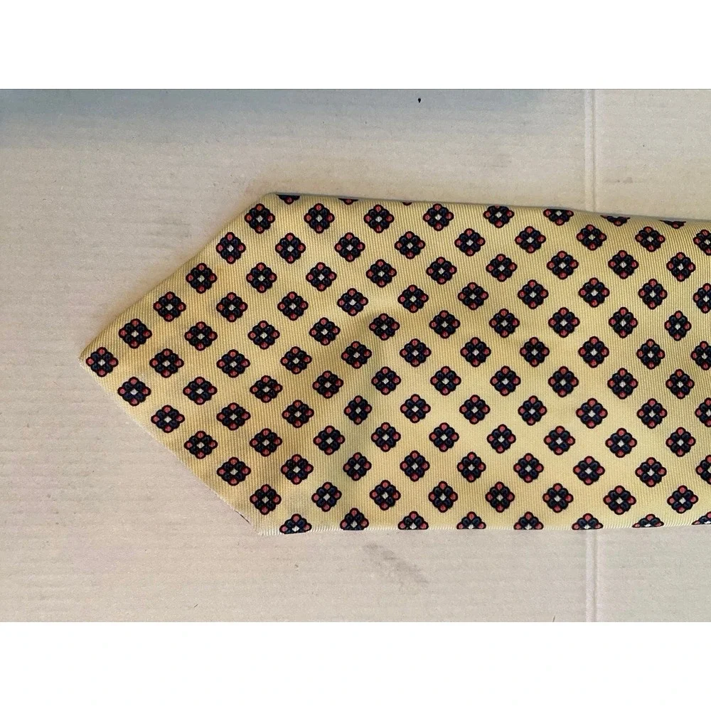 Christian Dior Mens Silk Tie Yellow Navy Red Geometric Medallion Paris New York